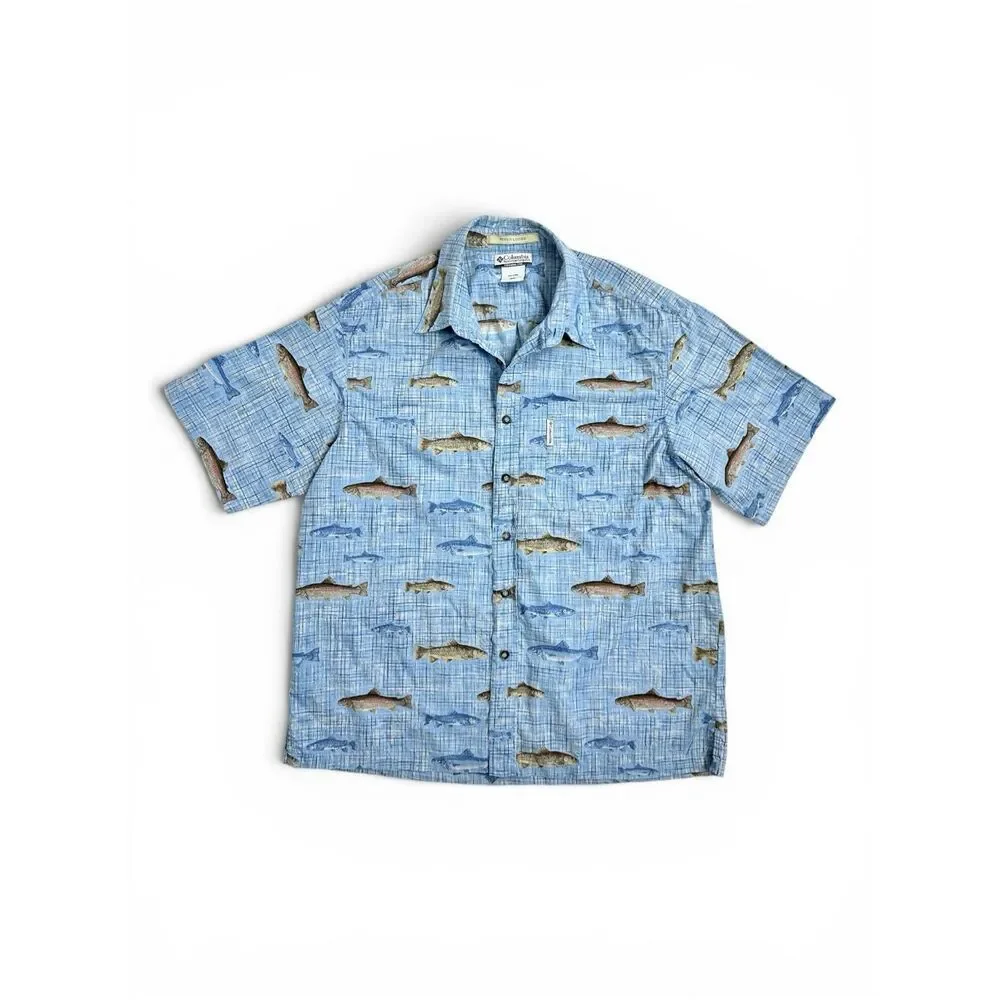 Columbia River Lodge Trout Fish Print Cotton Fishing Shirt Men’s L